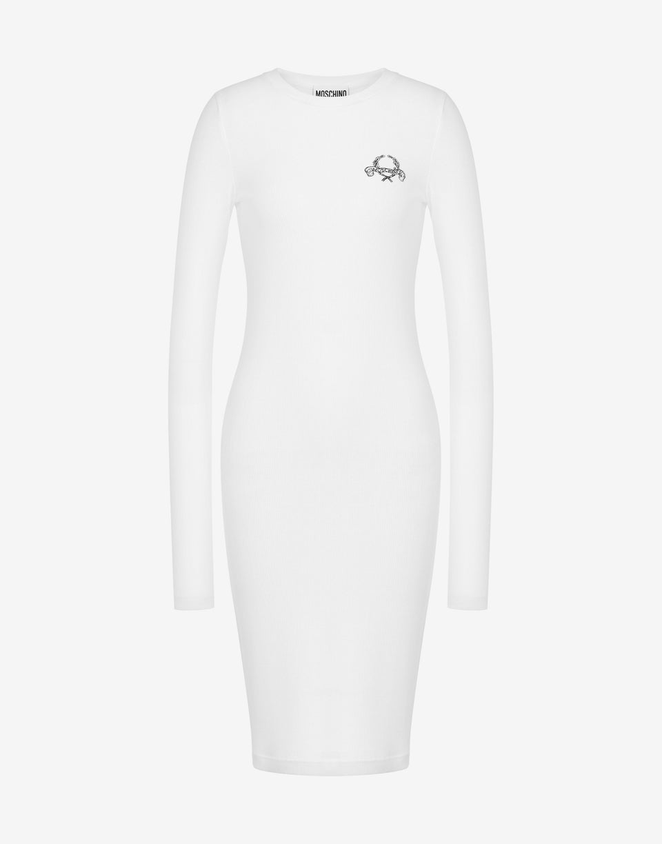 Stretch Cotton Dress Laurel Crown Logo White Moschino 0