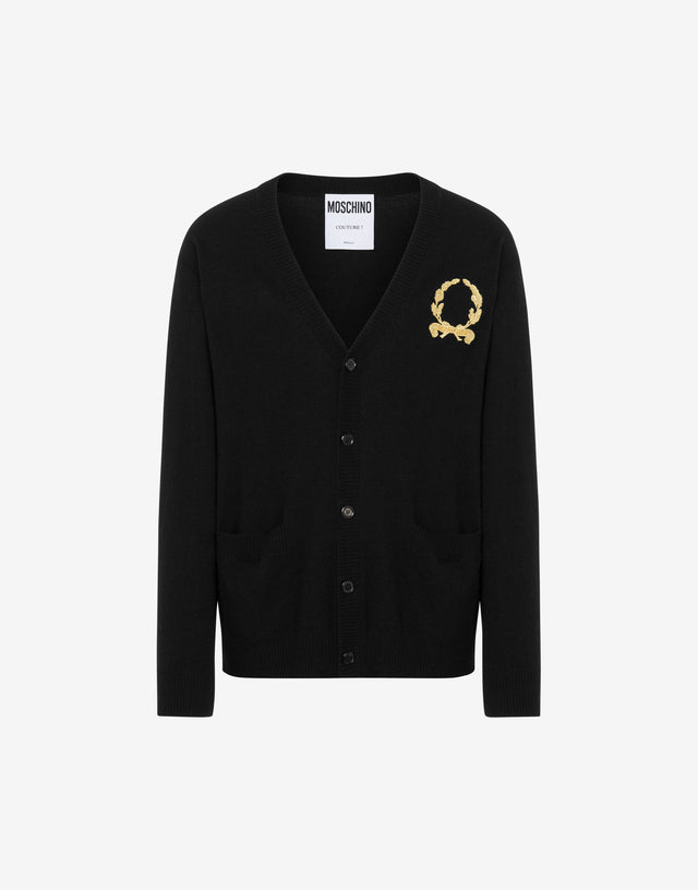 Wool and Cashmere Cardigan Laurel Crown Embroidery Black Moschino 0