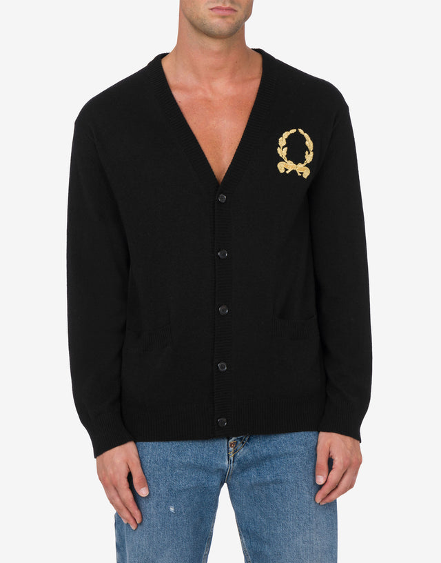 Wool and Cashmere Cardigan Laurel Crown Embroidery Black Moschino 1