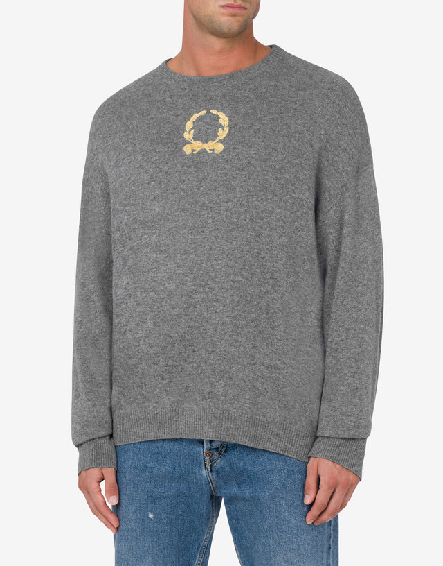 Pull en laine et cachemire Broderie Laurel Crown Gris Moschino 1