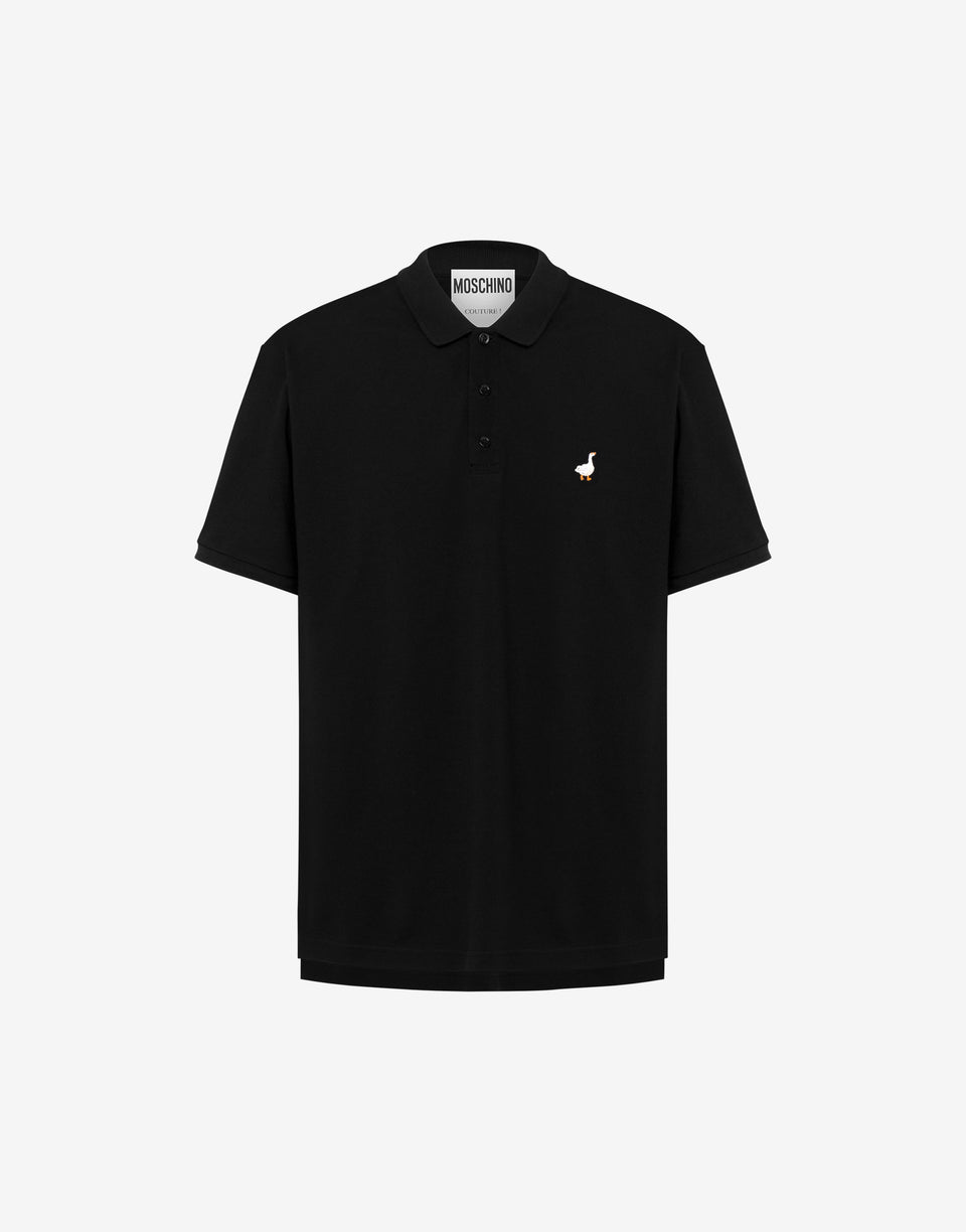 Cotton Piquet Polo Goose Embroidery Black Moschino 0