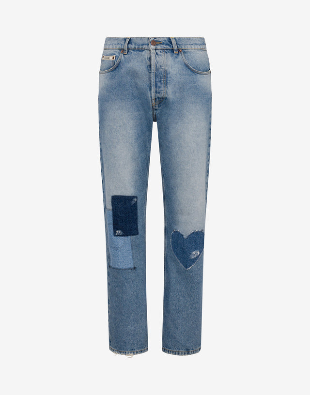 Patcwork cotton denim pants Blue Denim Moschino 0