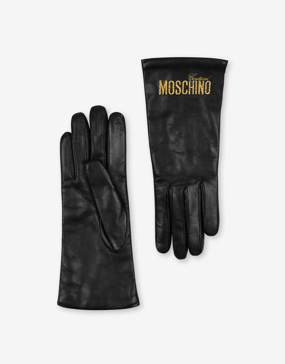 Logo Embroidery nappa leather gloves Black Moschino 0