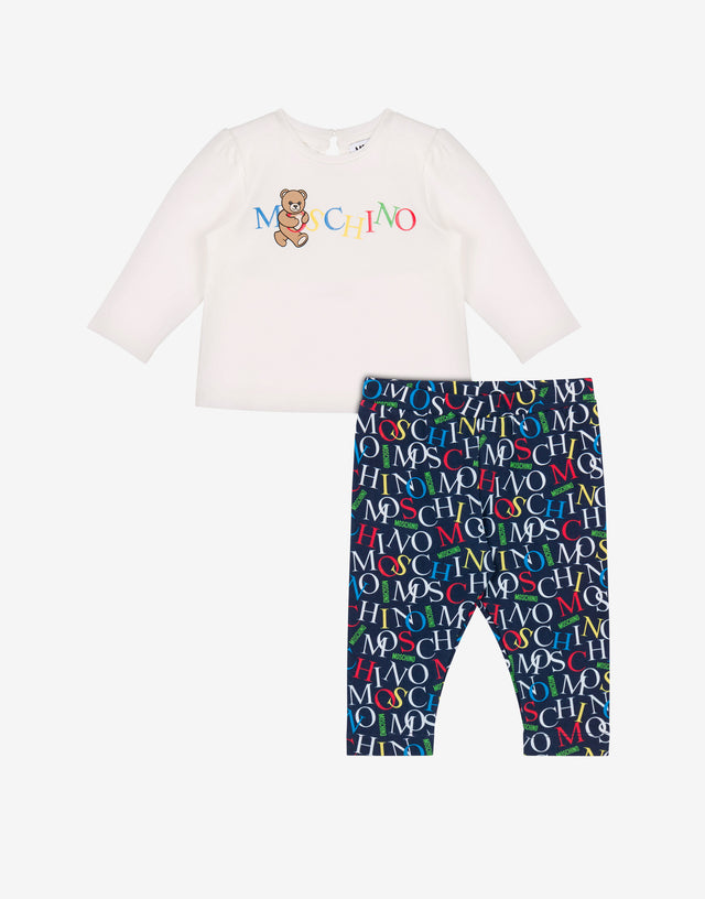 Completo t-shirt e leggings in jersey di cotone stampato Blue Navy Moschino 0
