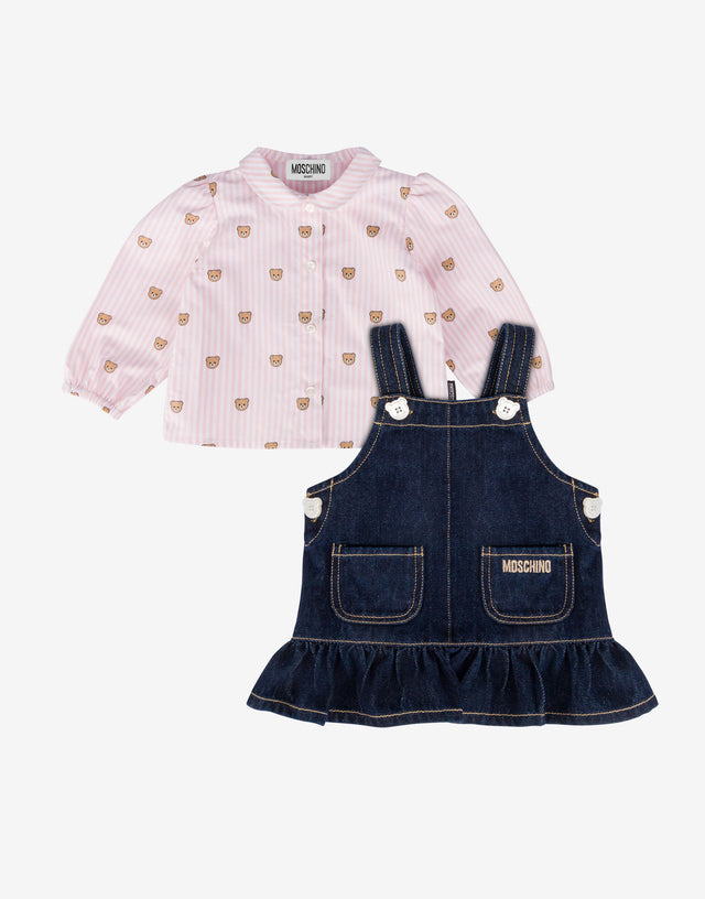 Completo camicia in popeline di cotone jacquard e salopette in denim Denim scuro Moschino 0