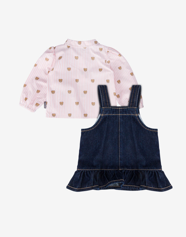 Completo camicia in popeline di cotone jacquard e salopette in denim Denim scuro Moschino 1