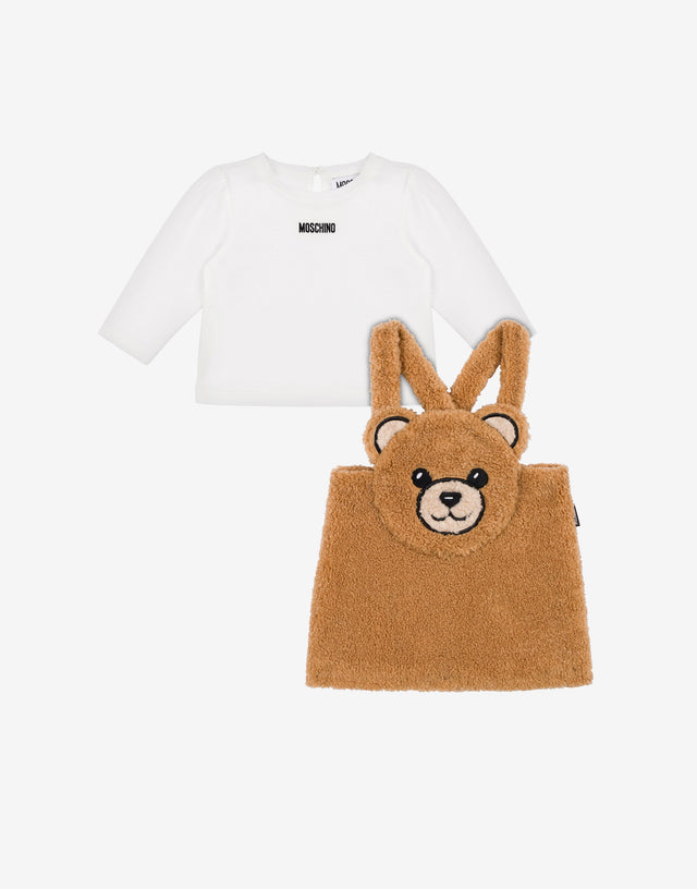 Completo t-shirt in jersey di cotone e salopette in tessuto soft Caramello Moschino 0