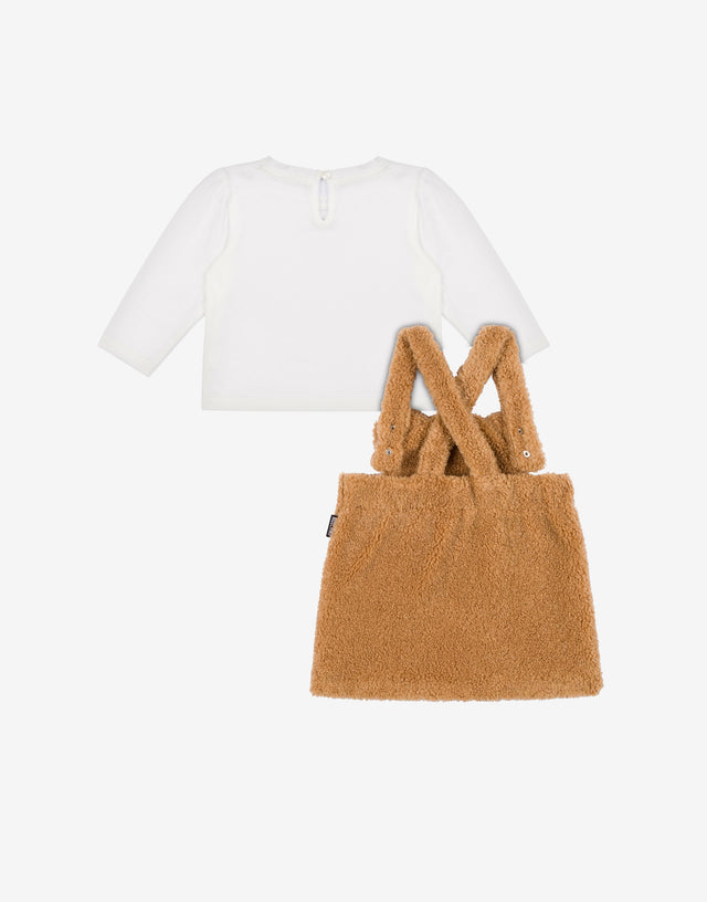 Completo t-shirt in jersey di cotone e salopette in tessuto soft Caramello Moschino 1