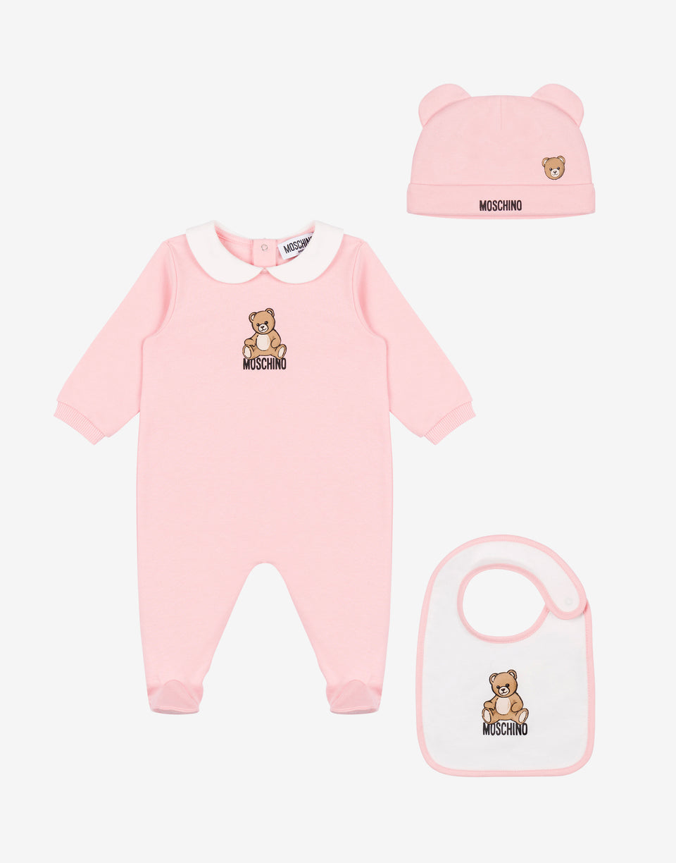 Conjunto de macacão, chapéu e babete em algodão Moschino Teddy Bear Rosa pastel Moschino 0