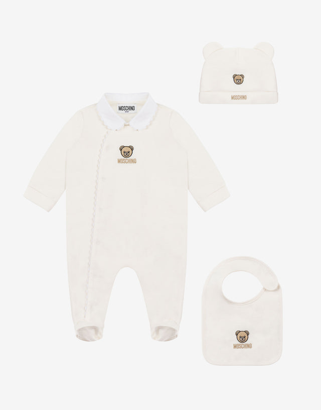 Ensemble de grenouillère, bonnet et bavoir en peluche Moschino Teddy Bear Ivoire Moschino 0