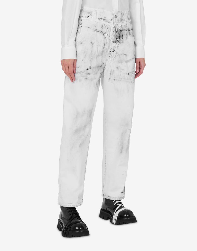 Pantalon en bull de coton Laurel Crown Patch Blanc Moschino 1