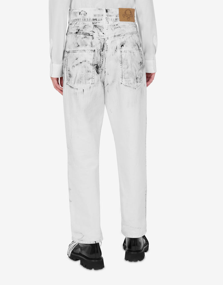 Pantalon en bull de coton Laurel Crown Patch Blanc Moschino 2