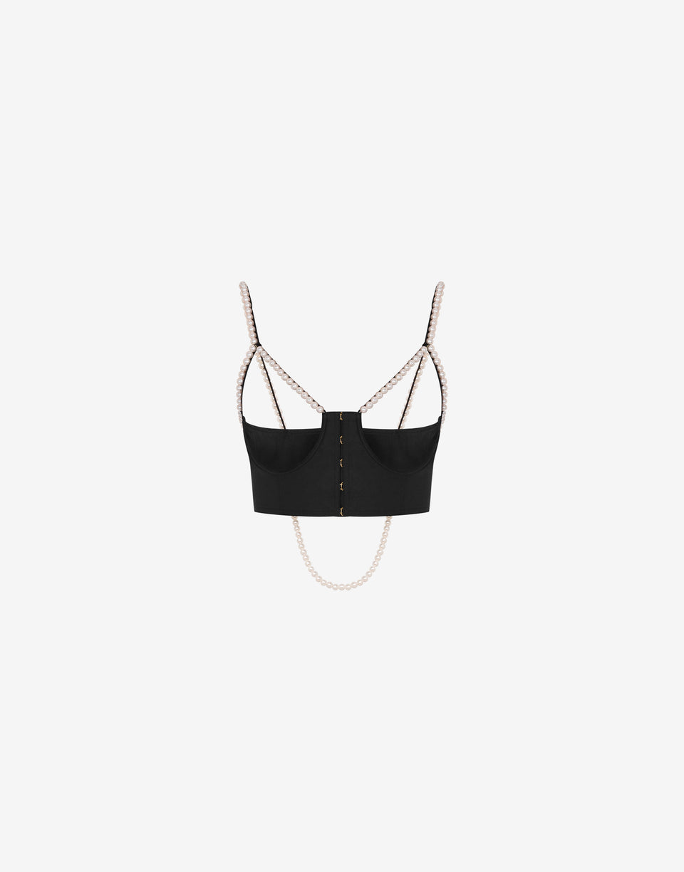 Stretch poplin crop top with pearls Black Moschino 0