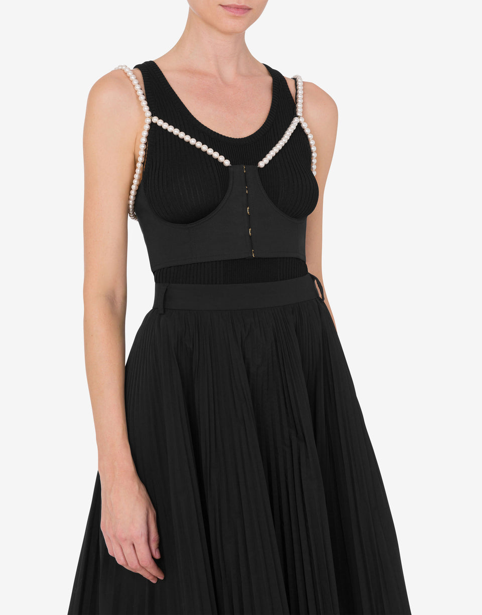 Stretch poplin crop top with pearls Black Moschino 1