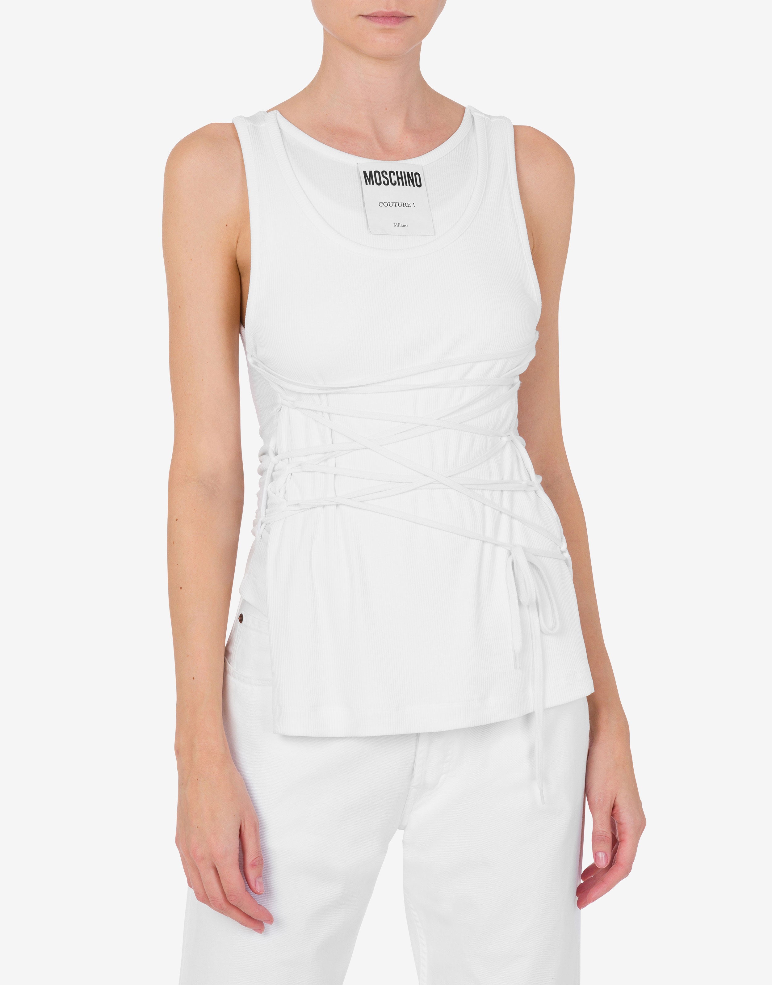 Tシャツ・カットソー MOSCHINO Women Tops A12060445 0001 WHITE Moschino Exclamation mark-print Cotton T-shirt | White