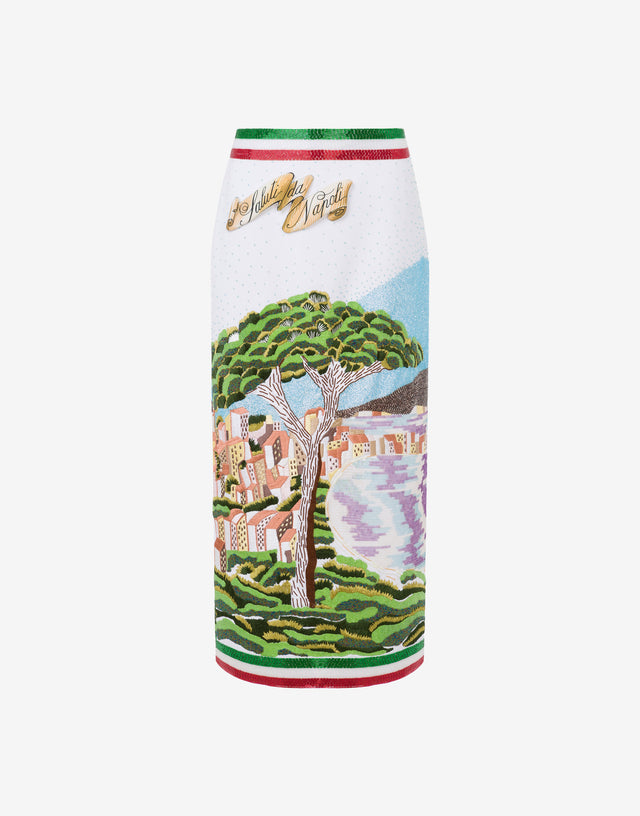 Crepe Skirt with ""Greetings from Naples"" Embroidery White Moschino 0