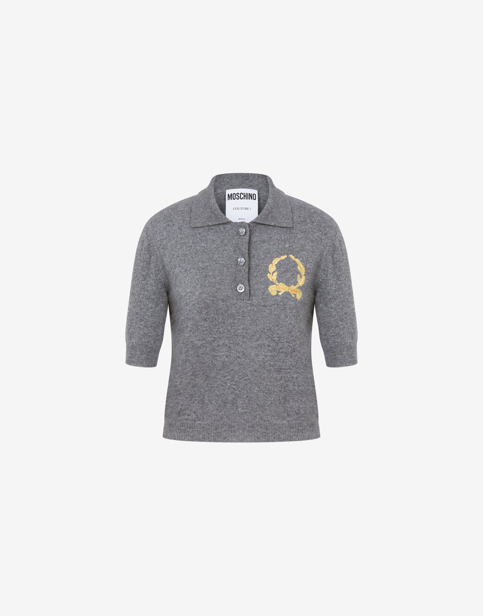 Knit Polo Shirt Laurel Crown Logo Grey Moschino 0