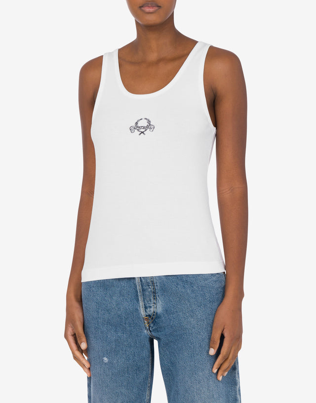 Stretch Cotton Tank Top Laurel Crown Logo White Moschino 1