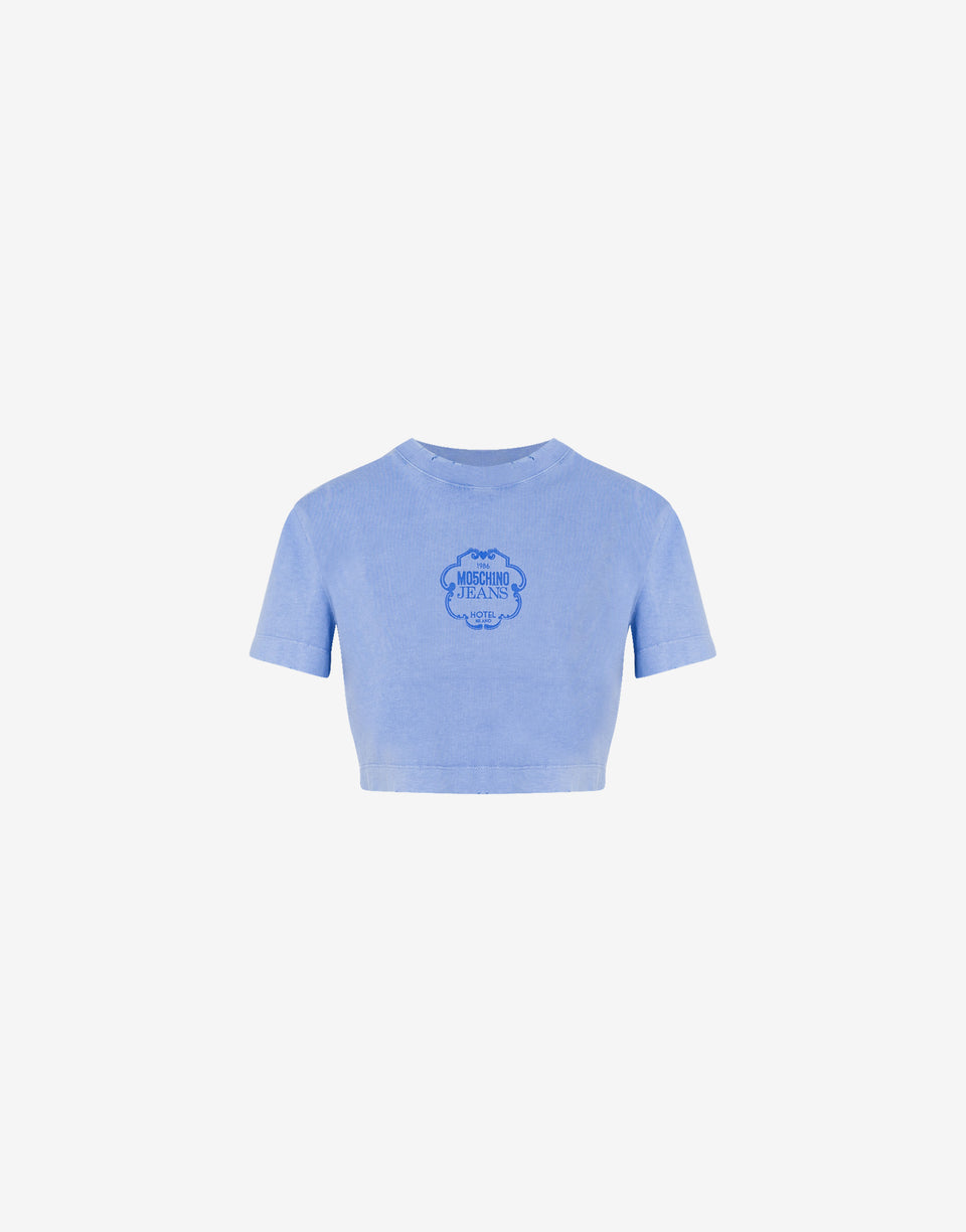 T-shirt cropped in jersey con logo Azzurro Moschino Jeans 0