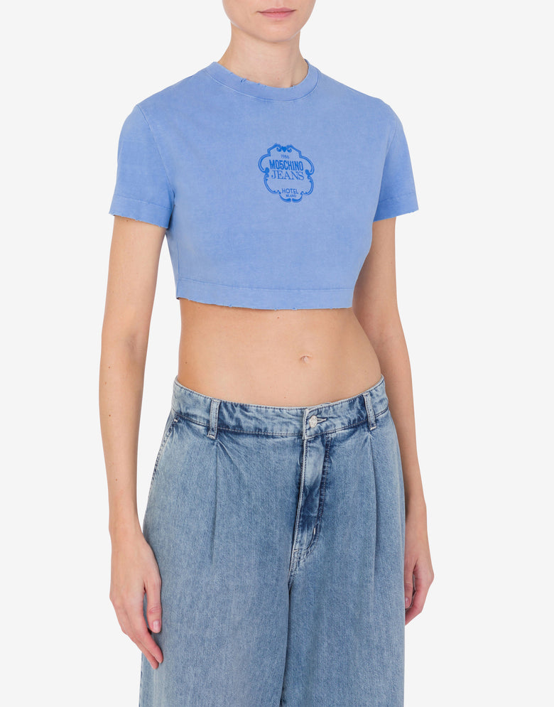 T-shirt cropped in jersey con logo Azzurro Moschino Jeans 1