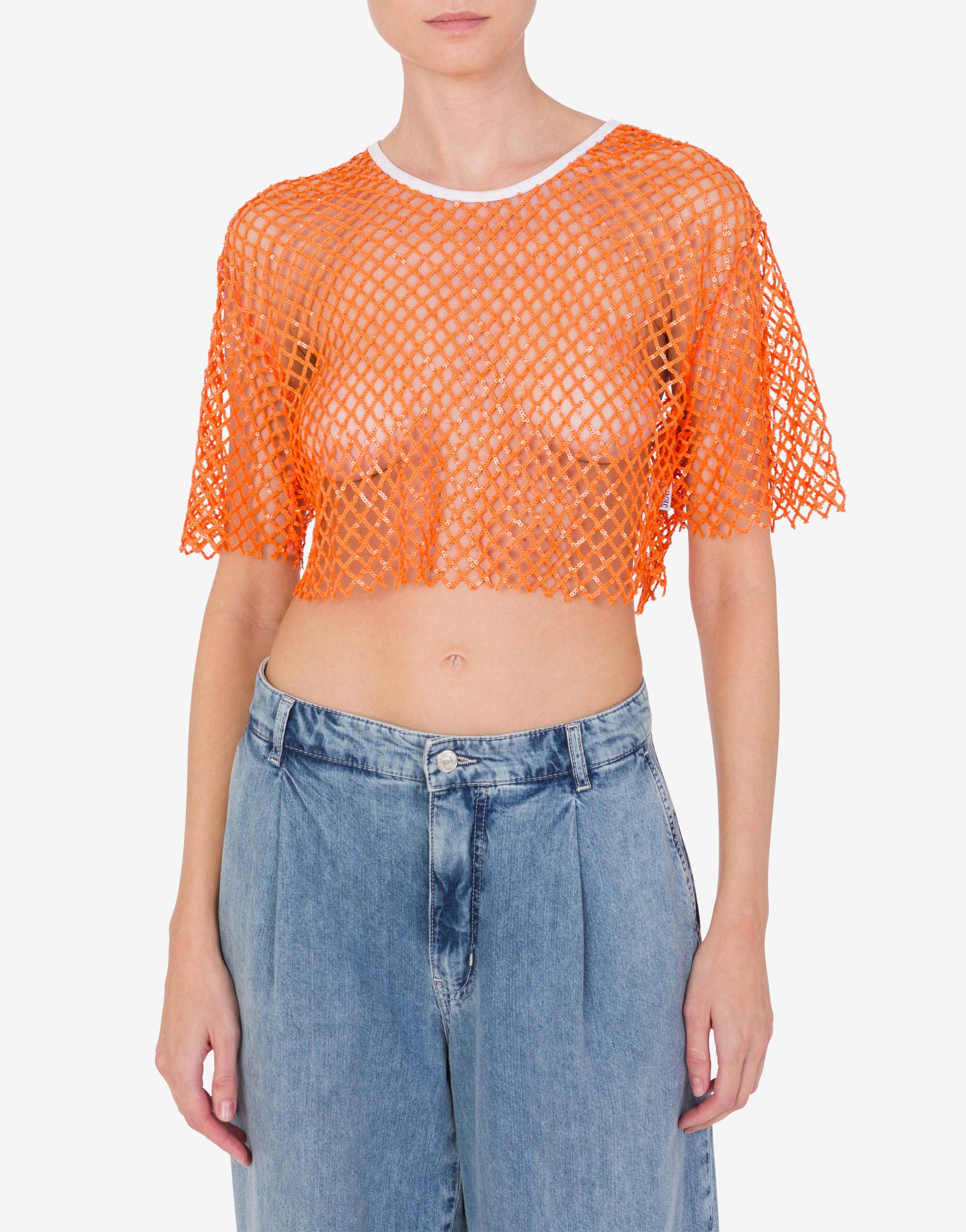 Cropped net and sequin T-shirt Moschino Jeans | Moschino