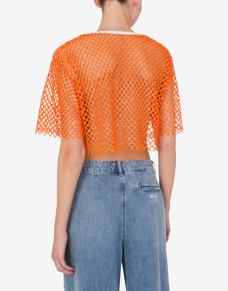 Cropped net and sequin T-shirt Orange Moschino Jeans 2