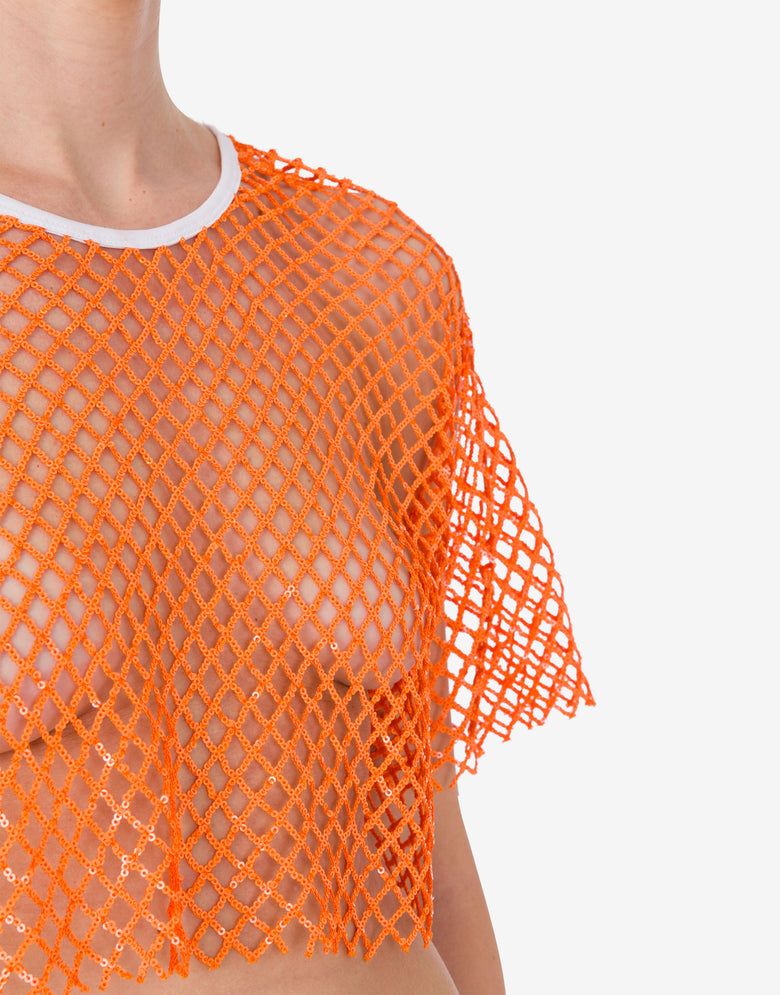Cropped net and sequin T-shirt Orange Moschino Jeans 3