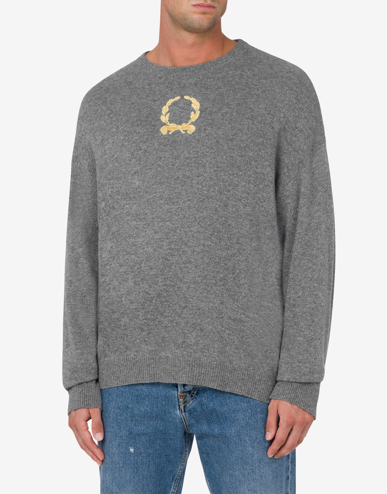 Pullover in lana e cashmere Laurel Crown Embroidery Grigio Moschino 1