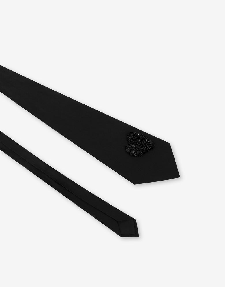 Cravate en popeline de coton brodée Noir Moschino 1