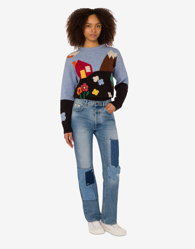 Pantalone in denim patchwork Blu Denim Moschino 1