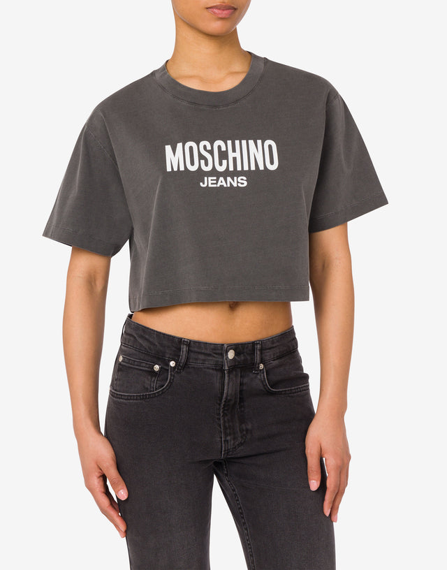 Camiseta crop em jersey de algodão estampada Gris oscuro Moschino Jeans 1