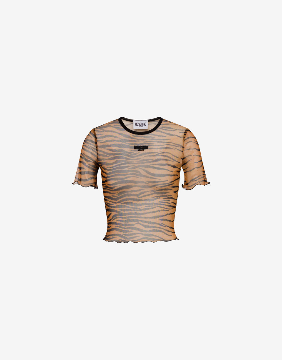 Printed tulle crop T-shirt Brown Moschino Jeans 0