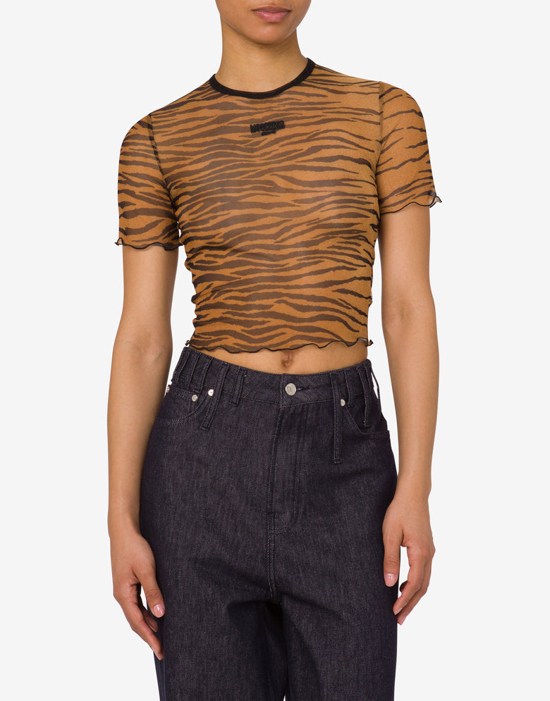 Printed tulle crop T-shirt Brown Moschino Jeans 1