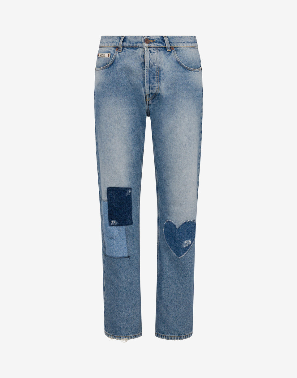 Patcwork cotton denim pants Blue Denim Moschino 0