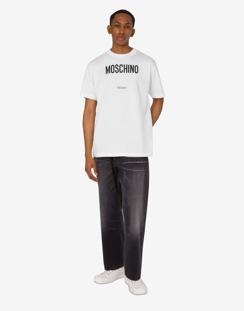 T-shirt in jersey di cotone organico stampata Bianco Moschino 1