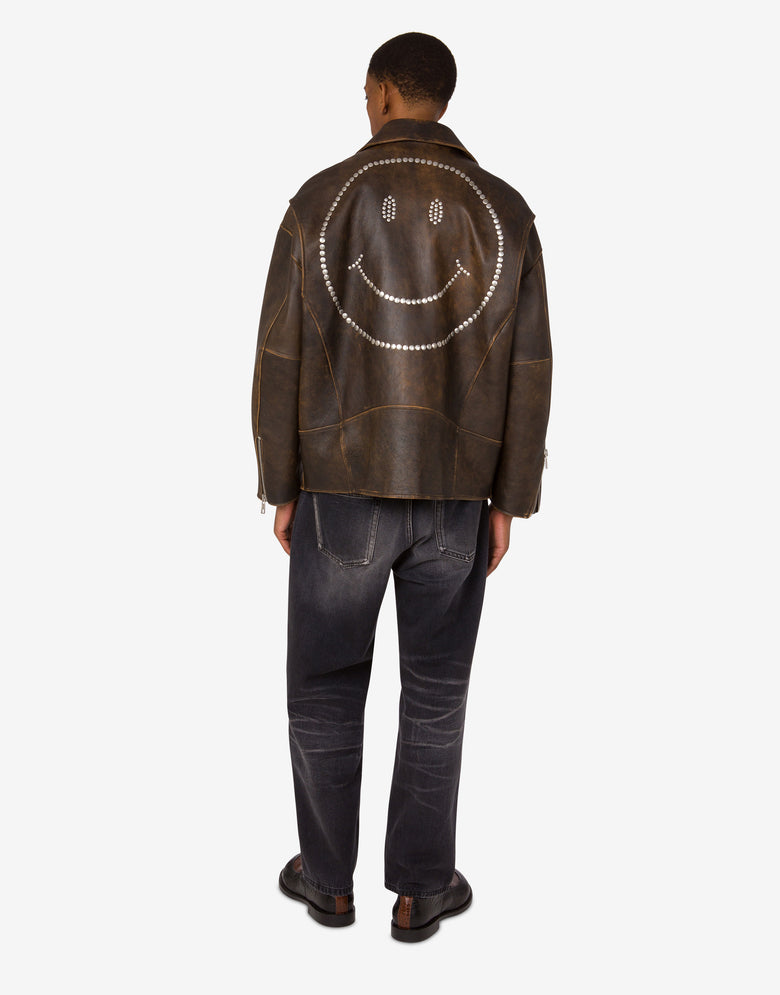 Nappa Leather Biker Jacket Smiley® Dark brown Moschino 2