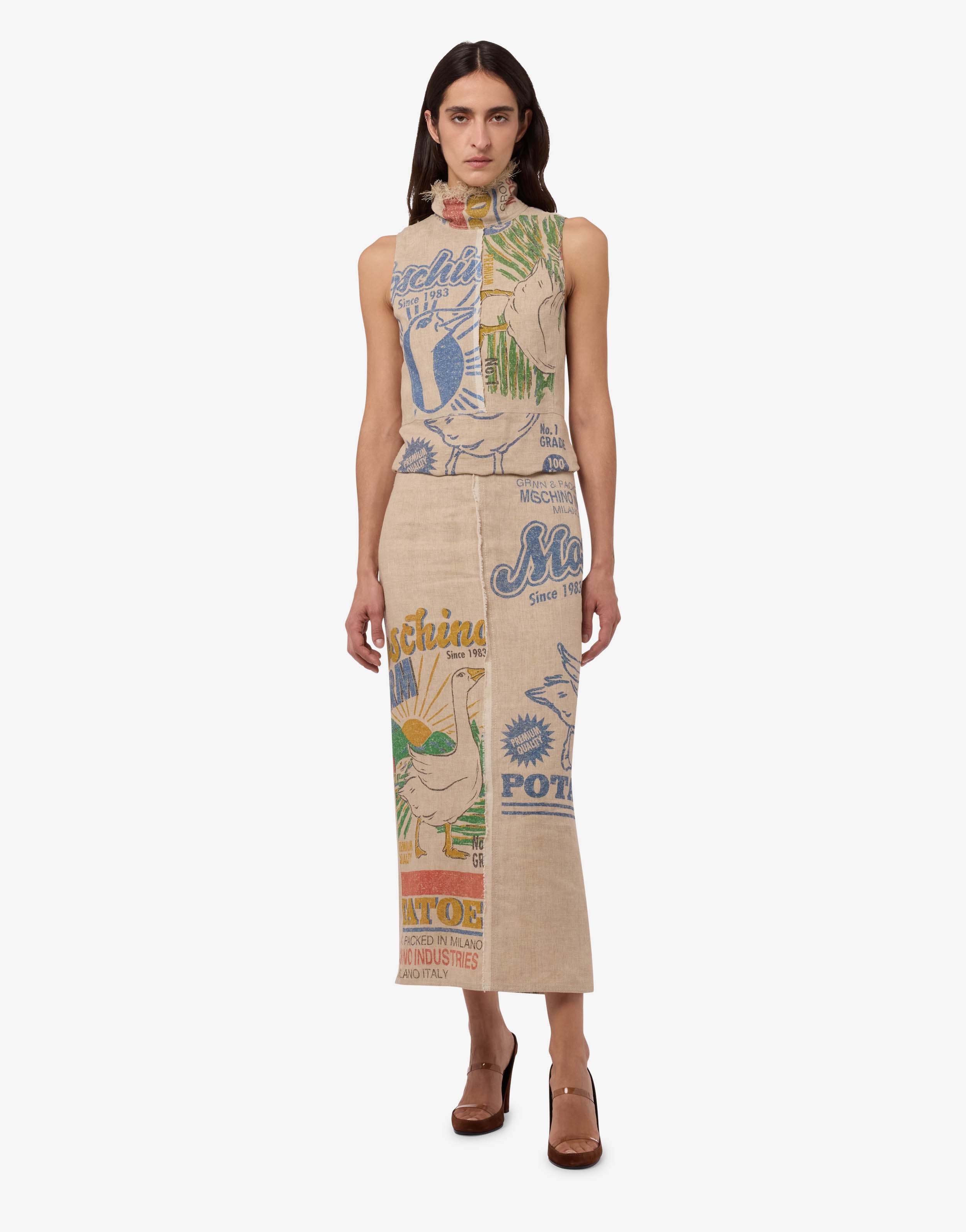 Jupe en toile de lin et paille imprimée