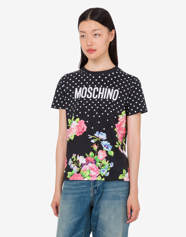 T-shirt in jersey di cotone organico stampata Nero Moschino 0