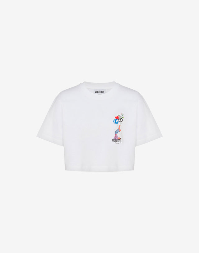 T-shirt crop in jersey di cotone stampata Bianco Moschino Jeans 0