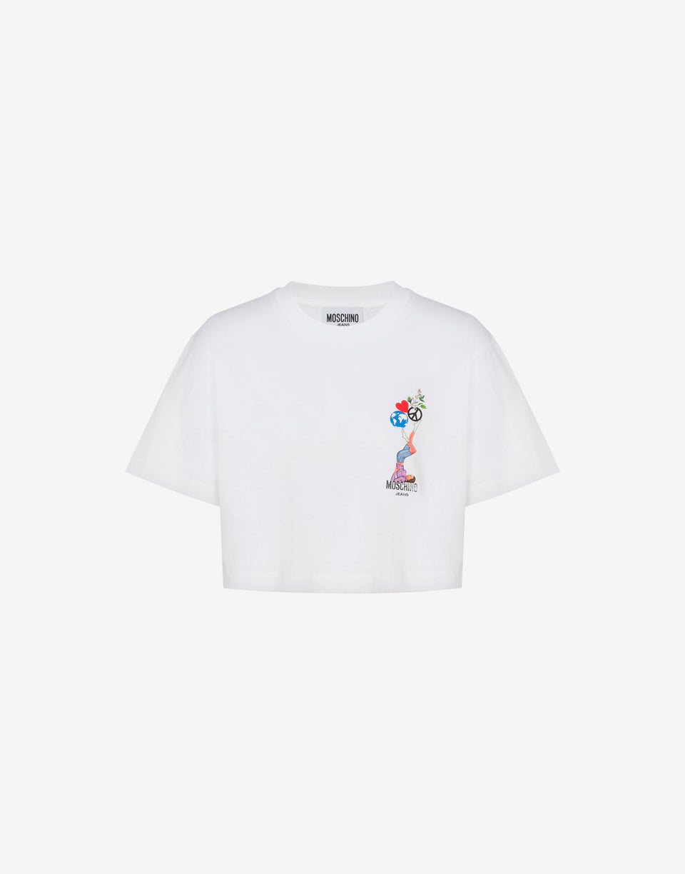 Camiseta curta em malha de algodão estampada Blanco Moschino Jeans 0