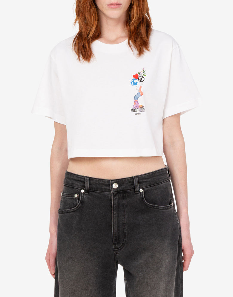 Camiseta curta em malha de algodão estampada Blanco Moschino Jeans 1