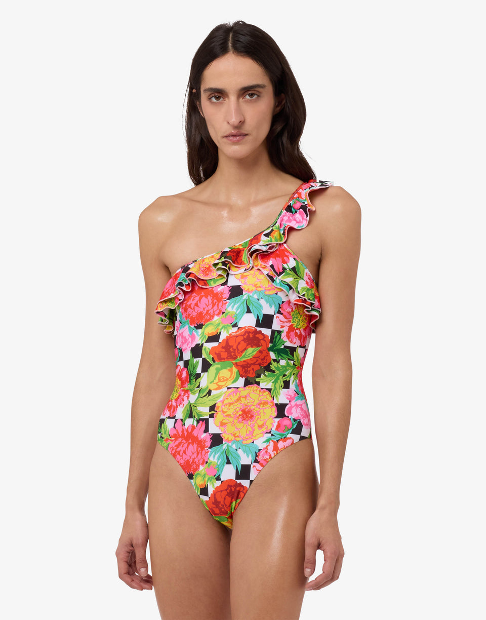 Printed Lycra one-piece swimsuit Multicoloured Moschino 0