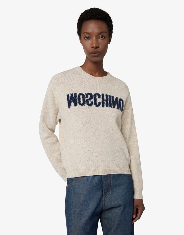 Wool-silk blend sweater with logo Ivory Moschino 0