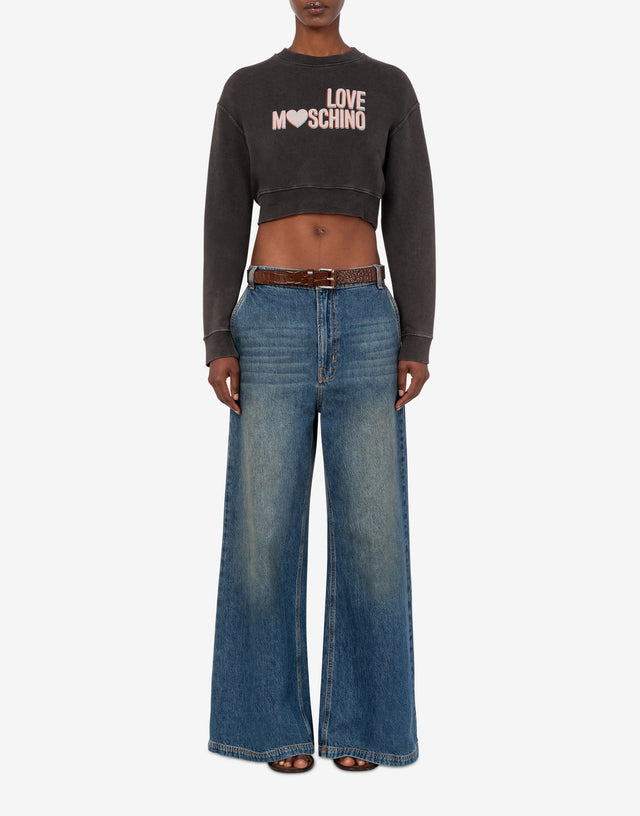 Felpa crop in cotone stampata Grigio Love Moschino 1