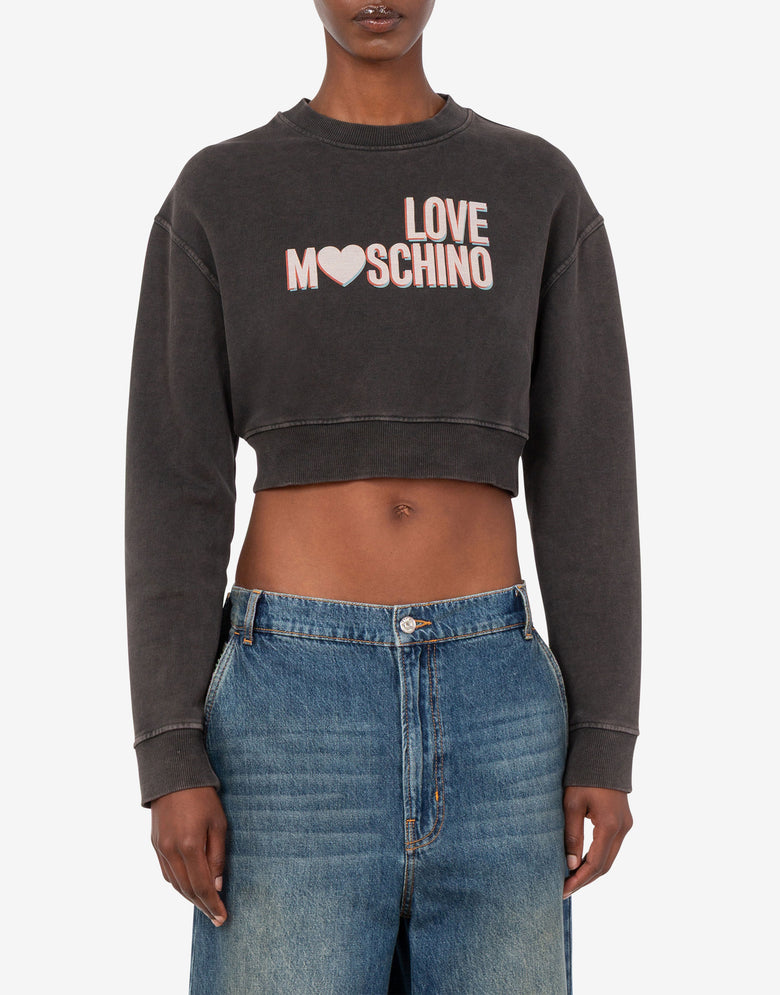 Felpa crop in cotone stampata Grigio Love Moschino 2