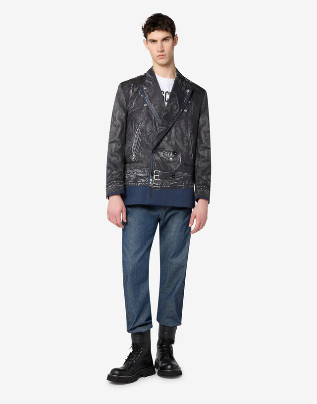 Printed double-breasted cotton drill jacket Grey Moschino 0