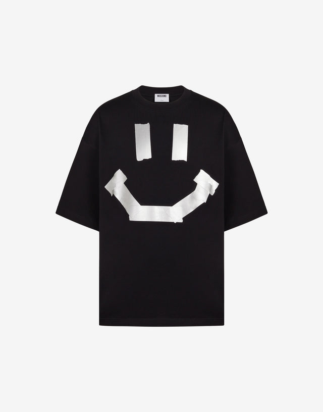T-shirt in jersey di cotone organico nero con stampa Smiley® trompe-l'œil effetto nastro adesivo Nero Moschino 0