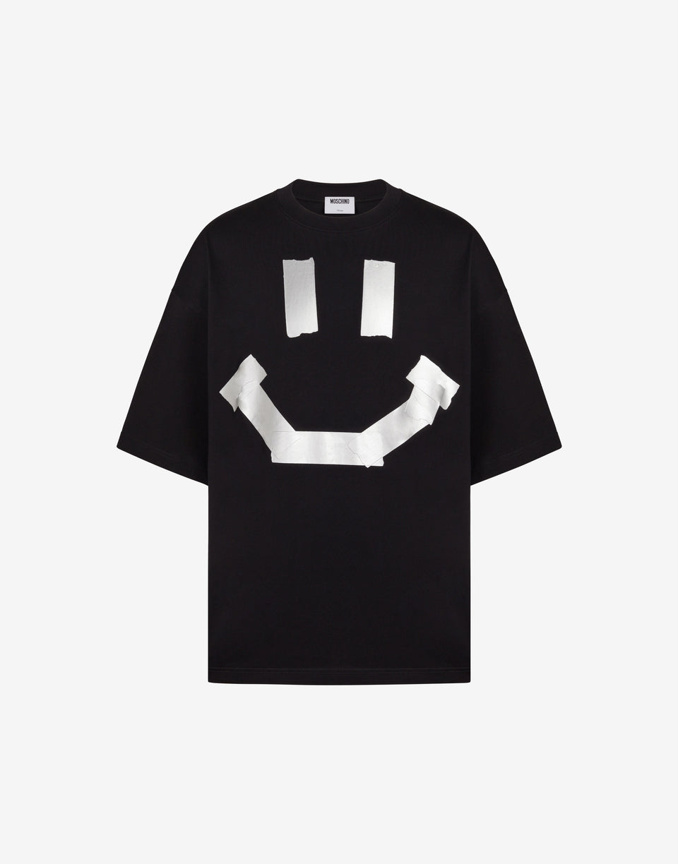 T-shirt en jersey de coton biologique noir avec imprimé Smiley® en trompe-l'œil effet ruban adhésif Noir Moschino 0
