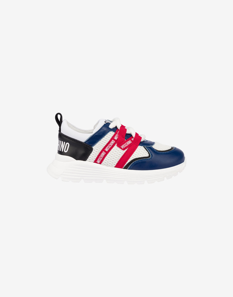 Mesh and calfskin sneakers with logo White Moschino 1