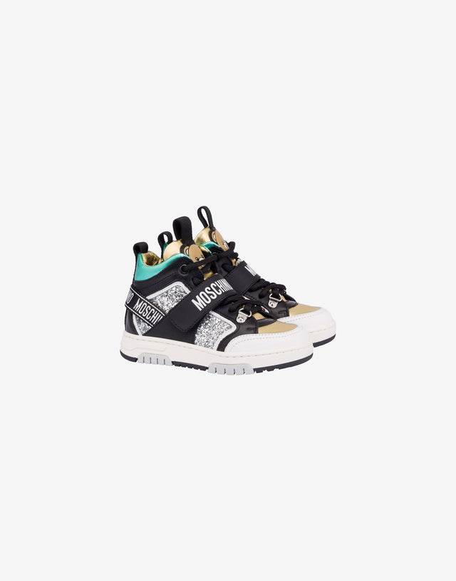 ナッパレザーとグリッターのハイトレーナー ブラック Moschino 0